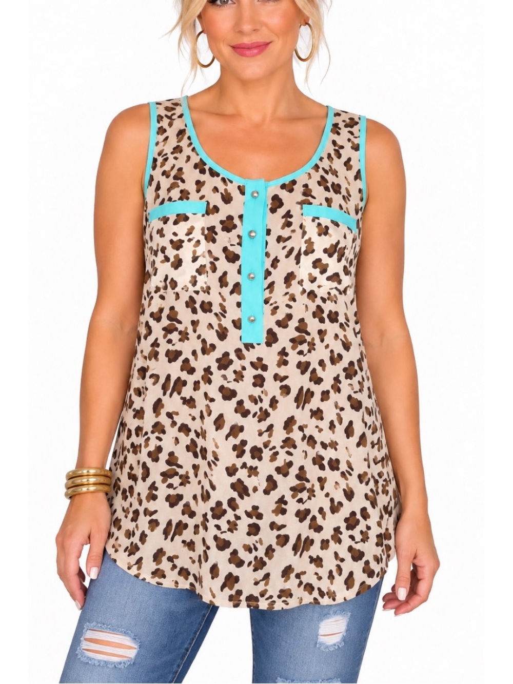 Leopard Print Sleeveless Top with Turquoise Trim